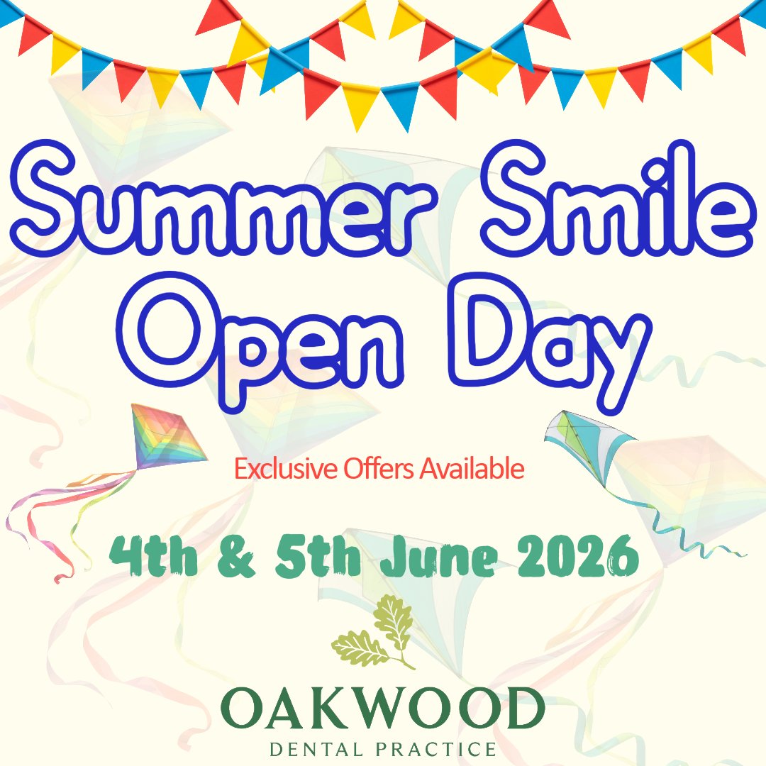 🎉 Summer Smile Open Day on the 4th & 5th June 2026 🎉
Oakwood Dental Practice is excited to welcome you to our exclusive Open Day event! Everyone is invited, registered or not! 🦷✨
For TWO DAYS ONLY, we’ll be offering special discounts on:
⭐ Invisalign
⭐ Teeth Whitening
⭐ Dental Implants
Whether you’re thinking about straightening your teeth, brightening your smile, or replacing missing teeth, our team will be here to guide you through your options.
📅 Thursday 4th & Friday 5th June 2026
📍 Oakwood Dental Practice, Botley, SO30 2ES
Book your consultation today and start your smile transformation with exclusive event offers! 😁
#OakwoodDental #OpenDay #InvisalignSmile #TeethWhitening #DentalImplants #SmileConfidence