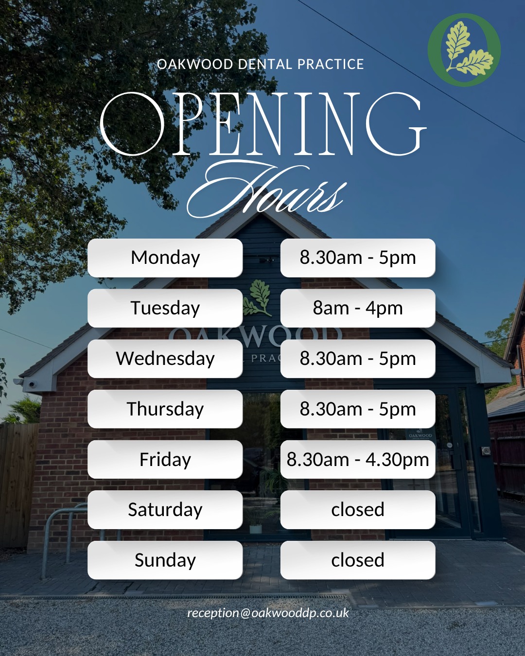 🦷✨ **We’re Here When You Need Us!**

Take a look at our opening hours and plan your next visit with us. 💙 Whether it’s a routine check-up, a hygiene appointment or looking after your smile, our team is here to help! 😊

📅 Save our opening hours and we look forward to seeing you soon!

#DentalPractice #OpeningHours #Dentist #DentalCare #OralHealth #HealthySmile #SmileCare #DentalTeam #YourSmileOurPriority